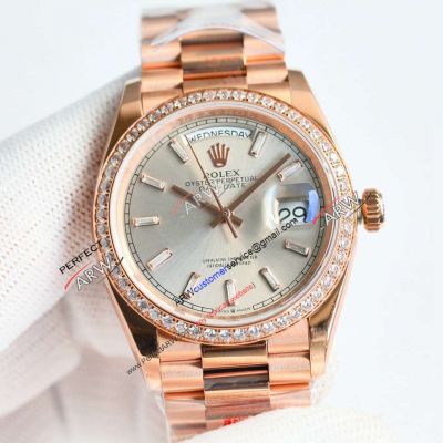 Swiss Clone Rolex Day Date Rose Gold Grey Baguette Diamond Bezel Watch